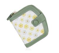 WishLotus Small Card Holder Wallet for Women, Daisy Flowers Cute Wallet with Zipper Pocket, Bifold Card Holder Coin Purse for Daily Use, Green, Cute