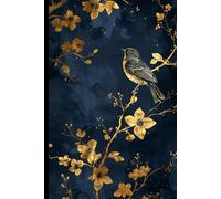 WishMerge Golden Bird Bullet Journal Cover Design: Elegant bird and floral branches on a midnight blue background, perfect for creative journaling and artistic inspiration
