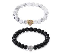 Wishoney Couples Bracelet His & Hers Bracelet Black Matte Agate & White Howlite 8mm Beads Bracelet Friendship Valentines Day, 7 5 inch, Cubic Zirconia