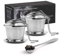 Wishstream Tea Infuser, 2-Step Stainless Steel Tea Strainer with Spoon and Drip Trays, Extra Fine Mesh Tea Filter with Extended Chain Hook for L