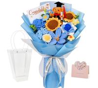 Wishwell Pop Crochet Flower Bouquet, Crochet Sunflower Rose Tulip Bear Bouquet for Graduation Birthday for Friends, Teachers, Blue