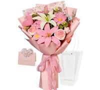 Wishwell Pop Crochet Flower Bouquet, Love Heart Rose Lily Flowers, Pink