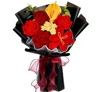 Wishwell Pop Knitted Flowers Bouquet - Crochet Rose Tulip Calla Lily Flowers for Valentine's Day, Anniversary, Engagement, for Girlfriend, Lover, Wife, Mom, Red