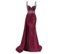WISIYLE Women's Spaghetti Strap Satin Cocktail Dresses Lace Appliques Mermaid Formal Evening Gown with High Slit DSJ013 Burgundy UK8