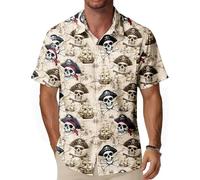 WISMBOX Men's Hawaiian Shirt Short Sleeve with Pocket, Funky Pirate & Skull Print Casual Button Down, Summer Festival Party Aloha Top