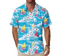 WISMBOX Men's Hawaiian Shirt Short Sleeve with Pocket, Nautical Sailboat & Ocean Casual Button Down, Summer Cruise Holiday Beach Aloha Top