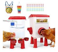 WISMOIER Chicken Feeder and Waterer Set, 2 Gallon Automatic Chicken Waterer with Float Valve, 26.5 Pounds Automatic Chicken Feeder with Vegetable Net & Xylophone Toy, Standing/Hanging Use for Poultry