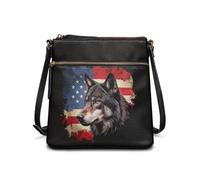 Wismoutput American Flag Wolf Crossbody Bags for Women Trendy Leather Hobo Purses Large Shoulder Handbags with Adjustable Strap
