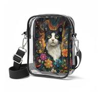 Wismoutput Cat Flower Transpatent Crossbody Bag Waterproof Clear Tote Bag with Adjustable Strap for Concert Festival Sports Event