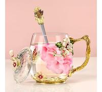 Wisolt Birthday Novelty Gifts for Women Ladies Christmas Presents for Women Flower Glass Tea Cup Gifts for Mother in Law Anniversary Valentines Mothers Day Glass Coffee Cup Mugs with Spoon and Lid