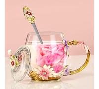 Wisolt Spiritual Gifts for Women Christmas Presents for Wife Mum Grandma Flower Glass Tea Cup Anniversary Valentines Mothers Day Gifts Glass Coffee Cup Mugs with Spoon