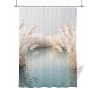 Wispy Grass Short Shower Curtain Seaside Scenery 180x150 cm (150cm Drop) - Mould Resistant & Waterproof Polyester Fabric with Hooks, Washable for Bathroom Wet Room A-1108