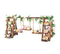 Wisreach Upgraded Large Wooden 3 Tier Swing Cupcake Stand with Flower Decor, Removable Trays, Foldable Ladder Display for Cake, Snacks, Fruit, Bread, Party & Catering Centerpieces