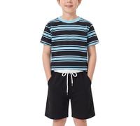 WISREMT Boys 2 Piece Summer Clothes Set Striped Short Sleeve T-Shirt and Shorts Outfit Elastic Waist Kids Casual Tracksuit Clothing Sets for Holiday School Sport 5 6 7 8 9 10 11 12 13 14 Years