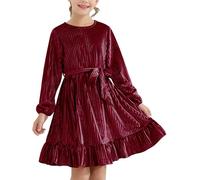 WISREMT Girls Pleated Velvet Dress for Halloween Christmas, Long Sleeve Vintage Swing Princess Dress for Autumn Winter, Kids Ruffle A-line Dresses for Party Casual Birthday Size 6-13 Years Red