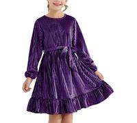 WISREMT Girls Pleated Velvet Dress for Halloween Christmas, Long Sleeve Vintage Swing Princess Dress for Autumn Winter, Kids Ruffle A-line Dresses for Party Casual Birthday Size 6-13 Years Purple