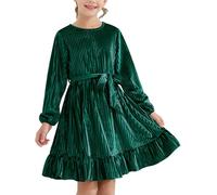 WISREMT Girls Pleated Velvet Dress for Halloween Christmas, Long Sleeve Vintage Swing Princess Dress for Autumn Winter, Kids Ruffle A-line Dresses for Party Casual Birthday Size 6-13 Years Green