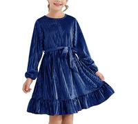 WISREMT Girls Pleated Velvet Dress for Halloween Christmas, Long Sleeve Vintage Swing Princess Dress for Autumn Winter, Kids Ruffle A-line Dresses for Party Casual Birthday Size 6-13 Years Blue