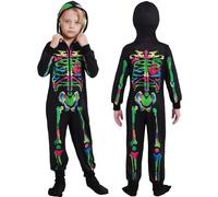 WISREMT Halloween Skeleton Costume for Boys Girls Full Print Long Sleeve Onesie Pyjama Zip Up Hooded Jumpsuit Loungewear Fancy Dress Up Outfits for Unisex Kids Teen Age 3 4 5 6 7 8 9 10 11 12 Years
