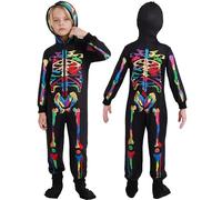 WISREMT Kids Halloween Skeleton Costume Hooded Jumpsuit, Age 3-12 Years | Full printed long sleeve zip up. Unisex fancy dress up outfits for boys & girls. Cool autumn winter holiday party gift