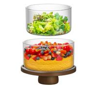 Wissy&Konny 2 Pack Trifle Bowl(186oz+152oz) with 10 inch Wood Cake Stand,Borosilicate Clear Glass Salad Bowl Serving Bowl for Layered Desserts, Cupcake, Salad, Fruit, Microwave & Dishwasher Safe