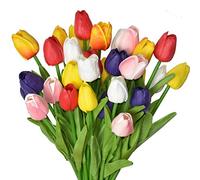 WISTART 24pcs Multicolor Artificial Tulips Flowers Fake Faux PU Tulip Bouquet Real Touch Flower Arrangement for Home Room Office Party Wedding Decoration Excellent Gift Idea for Mothers Day