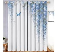 Wisteria Blossoms Willow Leaves Birds Blackout Curtains Delicate Watercolor Style Noise Reduce Curtain for Bedroom, Living Room Decor Window Curtains, Eyelet Thermal Drapes 2 Panels W46 x L72 Inch