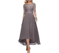 Wisteria Chiffon Mothe of The Bride Dresses with Sleeves for Wedding Party Plus Size Tea Length Evening Formal Dress UK18W