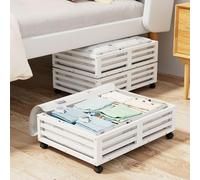 WISUCART Bamboo Underbed Storage Bin Organizer with Wheels Large Capacity Dust Bag Sturdy Wood Shoe Organizer 2 Packs (White)