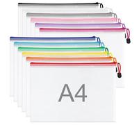 WISYOK 12pcs A4 Plastic Wallets Zip, Zip Lock Bags Mesh, Plastic Folders, Document Wallets, Zipper File Bags for Office, School, Travel, Home (33x23cm, 12 Colors)