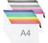 WISYOK 24pcs A4 Plastic Wallets Zip, Zip Lock Bags Mesh, Plastic Folders, Document Wallets, Zips Wallet, Zipper File Bags for Office, School, Travel, Home (33x23cm, 12 Colors)