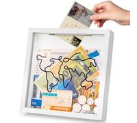 WISYOK Adventure Archive Box Frame 8x8 Inch, Travel Memory Box with Slot and World Map Design, Ticket Shadow Box, Life in a Box Frame for Money, Holiday Fund, Keepsake, Photo (White)