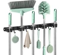 WISYOK Broom Holder Wall 1 Piece, 5 Holders + 4 Hooks Heavy Duty Tool Holder, Stainless Steel Garden Tool Holder, Broom Holder Wall Mount for Garage, Workshop, Garden, Storage Room (Black)