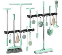 WISYOK Broom Holder Wall 2 Pieces, 10 Holders + 8 Hooks Heavy Duty Tool Holder, Stainless Steel Garden Tool Holder, Broom Holder Wall Mount for Garage, Workshop, Garden, Storage Room (Black)