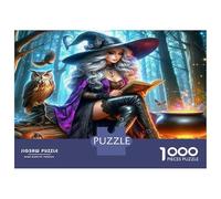 Witch 1000 Pc Jigsaw Puzzle Recycled Paper Witch Sitting with Her Cat in A Forest for Adults Kids Fun And Challenging Decompression Game Wall Decoration 52x38cm/1000pcs