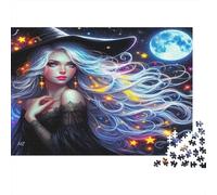 Witch 1000 Piece Jigsaw Puzzle Recycled Paper for Long-haired Woman in Black Full Moon Backdrop Adults Fun Present & Activity for Home Great Gift Idea 70x50cm/1000pcs