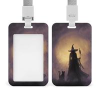 Witch and Black Cat Giant Glowing Moon ID Badge Holder Retractable Clip Card Holder Card Protector Name Badge Name Tag for Work Office Doctor Nurse