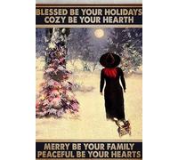 Witch and Cat Christmas Blessed Be Your Holidays Cozy Be Your Hearth,12 * 8 Inches Vintage Funny Poster Wall Decor Art Gift Retro Picture Metal Sign