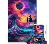 Witch And Cat on A Wave Teenager Jigsaw Puzzles 1000 Pieces Cognitive Memory Soothing Downtime Exact Cut Birthday Gift (38x26cm)