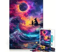 Witch And Cat on A Wave Teenagers 1000 Pieces Puzzle Memory Fun Game Clean Cut Sturdy Components Portable Travel Friendly Fun Game (38x26cm)