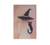 Witch And Cat Soft Pastel Halloween Wall Art Paintings Canvas Prints Poster Artwork for Living Room Bedroom Bathroom Office Home Decor 12x18inch(30x45cm)