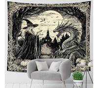 Witch and Dragon Tapestry, Black White Magical Wall Art, Halloween Decor for Living Room, Bedroom, Cozy Aesthetic Wall Hanging 50x60 Inch