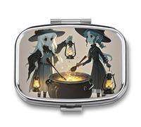 Witch and The Cauldron Pill Box 2 Compartment Waterproof Pill Case with Mirror Square Container Metal Medicine Box Organizer Portable Vitamin Case for Pocket & Purse Travel