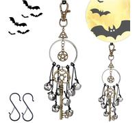 Witch Bell Hanging Decor,Handwoven Rattan Circle with Metal Bells,Boho Wind Chimes Wreath,Witch Protection Door Hangers Wind Chimes,Halloween Vintage Witchy Ornament for Porch,Patio,Garden