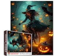 Witch Bicycle Fantasy Ride 1000 Piece Puzzle Glowing Pumpkins Bats Cinematic Lighting Art 27x20 Inches