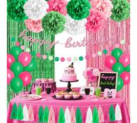 Witch Birthday Party Decorations, Pink and Green Witch Theme, Happy Birthday Party Supplies Set Includes Balloons, Paper Pom Poms, Fringe Curtain, Birthday and Dot Banner for Boys and Girls Decor