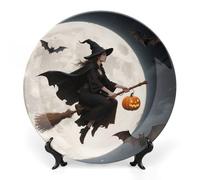 Witch Broom Flight Bone China Decorative Plate with Display Stand, 6inch Porcelain Wall Hanging Plate for Home Office Decor, Elegant Round Ceramic Plates for Home Decor & Gift Idea
