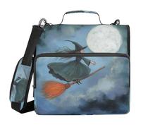 Witch Broomstick Moonlit Sky 1.5-Inch 3-Rings School Zipper Binder with Handle and Removable Shoulder Strap Multiple Pockets Portable Home Travel Safe Storage Bag for Office School