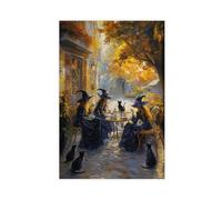 Witch Cafe Poster, Witchy Impressionist Print, Halloween Witches And Black Cats Wall Art, Whimsigoth Art, Moody Wall Art