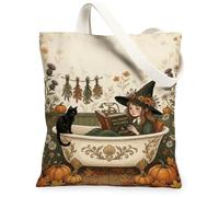 Witch Canvas Tote Bag, Fanciful Cozy Cat Pumpkins Fall Black Everyday Tote Bag 13x15 Inch, Black, 13x15 Inch